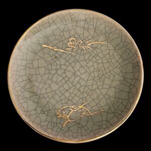 Vintage Japanese Crackle Glaze Saucer Gold Fish Motif Japan
